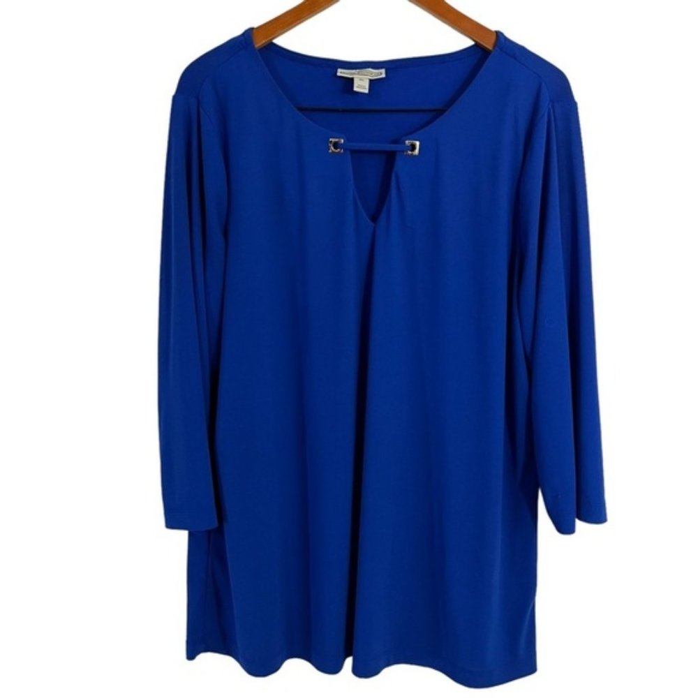 Dana Buchman Royal Blue Blouse XL Cutout Keyhole Neck Stretch 3/4 Sleeves Top
